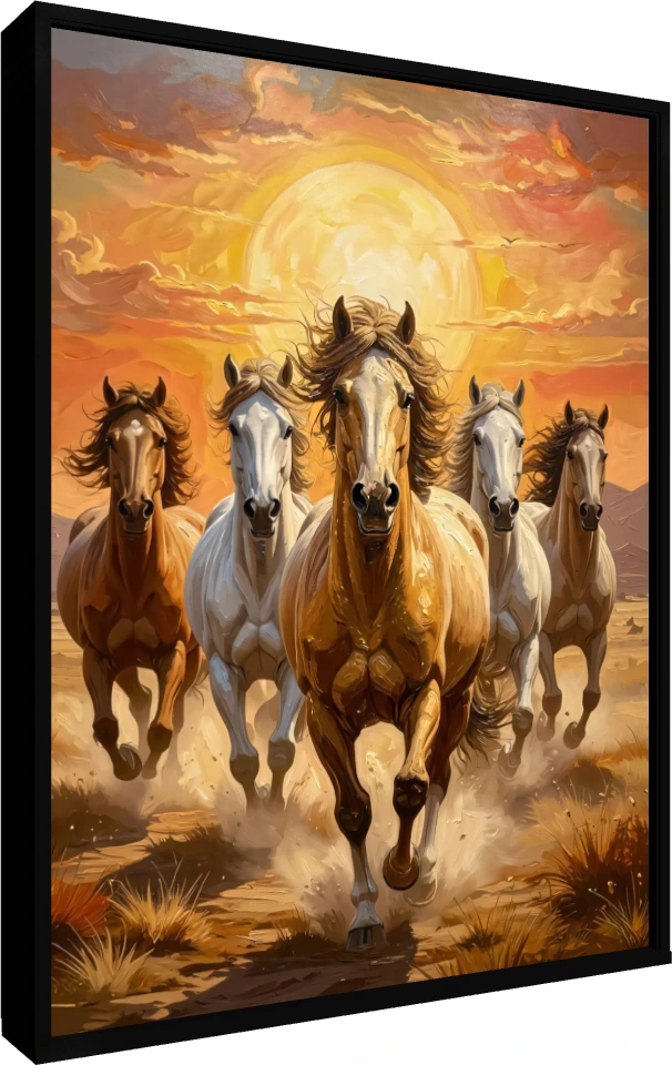 A powerful digital painting of five majestic horses galloping forward under a giant golden sun. — floater frame preview | PrintPosters.in